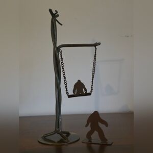 One Of A Kind Metal Art Sculpture with Swinging Bigfoot & Separate Small Bigfoot